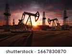 Saudi price war, oil market prices drop concept. Oil pumps, drilling derricks from oil field silhouette at sunset. Crude oil industry, petroleum production 3D background with pump jacks, drill rigs