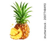 Small photo of Pineapple, Ananas Comosus, fresh delicious ripe pineapple, whole and cut exotic fruit on white background. Contains vitamins, minerals, carbohydrates, phytochemicals: vitamin C, manganese, bromelain
