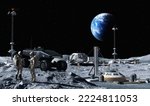Moon outpost colony, lunar surface with astronauts, rover, living modules, Earth. Lunar base camp 3D. Artemis program, space, planets exploration mission, terraforming, colonization, autonomous life