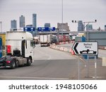 Small photo of Wirral, UK - Apr 1 2021: A lorry tractor unit arriving and others queuing at the Stena Line roll on - roll off Liverpool to Belfast ferry Terminal in Birkenhead on the River Mersey.