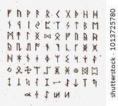 Set of Old Norse Scandinavian runes. Runic alphabet, futhark. Ancient occult symbols, vikings letters on white, rune font. Vector illustration with light texture. Ancient norse letter.