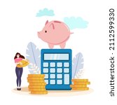 Savings. Woman And Piggy Bank ...