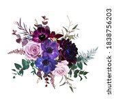 Marvelous violet, purple and burgundy anemone, dusty mauve and lilac rose,dark dahlia, astilbe,eucalyptus vector design bouquet.Stylish fall wedding bunch of flowers.Elements are isolated and editable