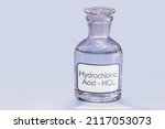 Small photo of bottle of hydrochloric acid, a chemical solution used in cleaning and galvanizing metals, in tanning leather and obtaining various products