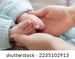 Small photo of Close-up of a mother's hands cradling the feet of her newborn Caucasian child. The impact of demographic changes, birth rate and mortality