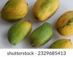 Small photo of Rajapuri Mangoes. The largest of the indian mango varieties, similar in shape to kesar but more round in shape. It has an attractive combination of smooth and unblemished yellow, orange and red skin.