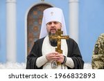 Small photo of Metropolitan Epifaniy, head of the Orthodox Church of Ukraine, during sanctify Ukrainian traditional Easter breads paskas near the St Michael's Golden-Domed Cathedral in Kyiv, Ukraine, April 2021