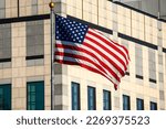 The flag of the United States of America flies on a flagpole outside the embassy in Kyiv, Ukraine. February 2023