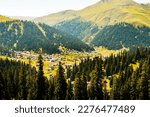 Aerial view Bakhmaro village panorama in summer. FAmous travel landmark summer resort in caucasus mountains. Holiday destination in Guria, Caucasus