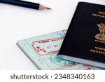 Small photo of UAE visa stamping, united arab emirates and indian official stamps on a passport page, letters mentioned in arabic and hindi language also