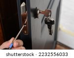 Small photo of Installation of a lock and door handle to an interior door, a locksmith works with the door, the keys are in the door lock.