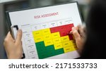 Small photo of Action of a person is using ballpoint pen to marking on the risk assessment matrix table at "High risk" level. Industrial or business working action scene photo. Close-up and selective focus.