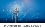Small photo of Telecommunication tower with 4G, 5G transmitters. Cellular base station with transmitting antennas on a telecommunication tower on a technological background with abstract waves