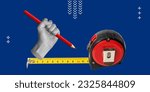 Small photo of Measurements, construction and repair work, restoration, design work concept. Precision and accuracy in measurements and calculations. Hand with red pencil and roulette or measuring tape. Art collage