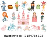 Set of cartoon fairy tale characters. Princess, prince, fairy, pegasus, stargazer, swan, knight, witch, mermaid, gnome, unicorn, frog princess, jester, carriage, dragon, castle.