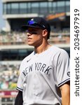 Small photo of Oakland, California - August 28, 2021: Aaron Judge #99 of the New York Yankees during a game against the Oakland Athletics at RingCentral Coliseum.