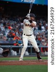Small photo of San Francisco - June 8, 2022: San Francisco Giants catcher Curt Casali bats against the Colorado Rockies at Oracle Park.