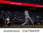 Small photo of San Francisco - June 8, 2022: Colorado Rockies outfielder Charlie Blackmon hits his 1500th career MLB hit in a game against the San Francisco Giants at Oracle Park.