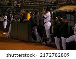Small photo of Oakland, California - June 22, 2022: Oakland Athletics Elvis Andrus, Jonah Bride, Mike Aldrete and Mark Kotsay watch the game against the Seattle Mariners at the Oakland Coliseum.