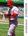 Small photo of Oakland, California - August 10, 2022: Los Angeles Angels second baseman David Fletcher looks at this glove during a game against the Oakland Athletics at the Oakland Coliseum.