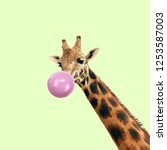 Small photo of Modern art collage. Concept giraffe with bubble gum on color background. Funny animals.