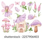 Magic set:fairy house,elf,butterfly,mushroom,snail,flower,leaf.Woodland.Vintage style.Fairy girl.Magical world.Kids clipart