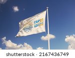 Small photo of June 14, 2022, Brazil. The 2022 United Nations Climate Change Conference COP27 soon appears on a flag. Event will be on 7-18 November 2022, in Sharm El-Sheikh, Egypt