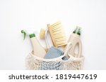 Eco brushes and rag on white background. Flat lay eco cleaning products. Cleaner concept 