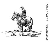 Ink Drawing Of Cowboy On Horse.