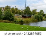 Small photo of Cuxhaven, Germany - September 17, 2022: The gaff schooner "Hermine" in the park at the Schleusenpriel still with masts attached
