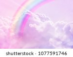 magic rainbow fantasy cloud background  fluffy sky white landscape with sunny rays. Pastel colors dreams unicorn concept