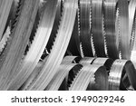 Abstract Black and white photography of many big Band saw blades