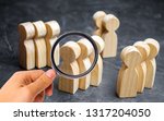 Small photo of Groups of wooden people. The concept of market segmentation. Marketing segmentation, target audience, customer care. Market group of buyers. Customer analysis and customer relationship management