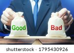 Small photo of Businessman holds good and bad bags on scales. Evaluating the actions of other people, weighing the positive and negative qualities. Good and evil, karma. Introspection. Ethics and acceptability.