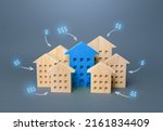 Small photo of Estimating the value of real estate on the market. Property valuation. Smart House. New modern high-tech buildings. Choosing an apartment for rent. Economy class, business and luxury. Rental income.
