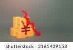 Small photo of Boxes with yuan or yen symbol and down arrow. Fall in the production of goods. Worsening trade. Embargo, sanctions. Low consumption. Economic slowdown. Price reduction. Decrease in stocks of products.