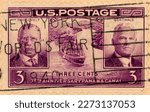 Small photo of U.S.A.-1939: Violet 3¢ U.S. postage stamp commemorating 25th Anniversary of Panama Canal and featuring ship, President Theodore Roosevelt, and George W. Goethals (Chief Engineer of the Canal Project).