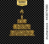 Gold glitter vector icon of cake isolated on background. Art creative concept illustration for web, glow light confetti, bright sequins, sparkle tinsel, abstract bling, shimmer dust, foil.