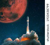 Small photo of Space rocket shuttle takes off into the starry sky to Mars. Exploration and settling of the red planet Mars, concept. Spaceship with smoke and blast lift off into space.