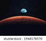 Mars, the red planet with detailed surface features and craters in deep space. Blue Earth planet in outer space. mars and earth, concept 