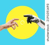 Small photo of Digital collage of contemporary art. Helping and saving hand with a download badge. Astronaut reaching out to man on yellow circle and blue background. God and humanity. Artificial intelligence