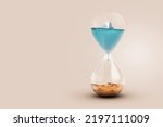 Small photo of Iceberg glacier melting in a glass clock with a drop and a desert. Global warming. Drying up rivers and lakes, concept. Save the planet. Disappearance of water. Time and the end of life, creative