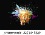 Small photo of Creative light bulb explodes with colorful paint splashes and shards of glass on a black background. Think differently creative idea concept. Dry paint splatter. Brainstorm and think