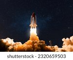 Small photo of New Ship Rocket Shuttle flies to moon. Spaceship lift off into the starry sky. Rocket starts into space. Concept. Travel to Mars