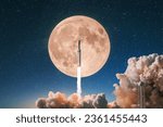 Small photo of Rocket spaceship with smoke and blast takes off into the starry sky with a full moon. Start of the space lunar mission. Rocket success launch, concept
