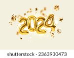 Happy new year 2024 golden balloons with gold confetti, gifts and mirror ball on a beige background. Luxury balloons 2024