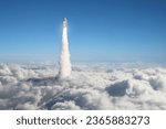 Small photo of Space shuttle rocket lift off through the clouds into sky. Spaceship launch above the clouds. Space mission, transport and science. Rocket fly, creative idea