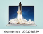 Creative laptop and rocket with smoke and blast lift off up, creative idea. Boosting applications and workflows, concept. Launching the shuttle spaceship from a laptop. Startup and rapid growth