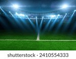 Small photo of Modern football stadium with green lawn and blue spotlight. Soccer background. Football champions