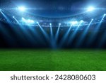 Small photo of beautiful sports stadium with a green grass field shines with blue spotlights at night with stars. Sports tournament, world championship
